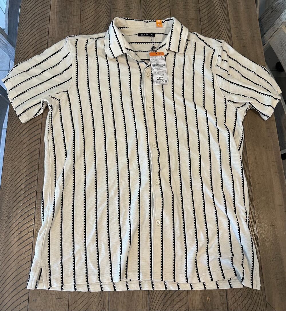 NWT Zudio Mens Knit Polo Shirt XL Off White Black Striped Short Sleeve Casual